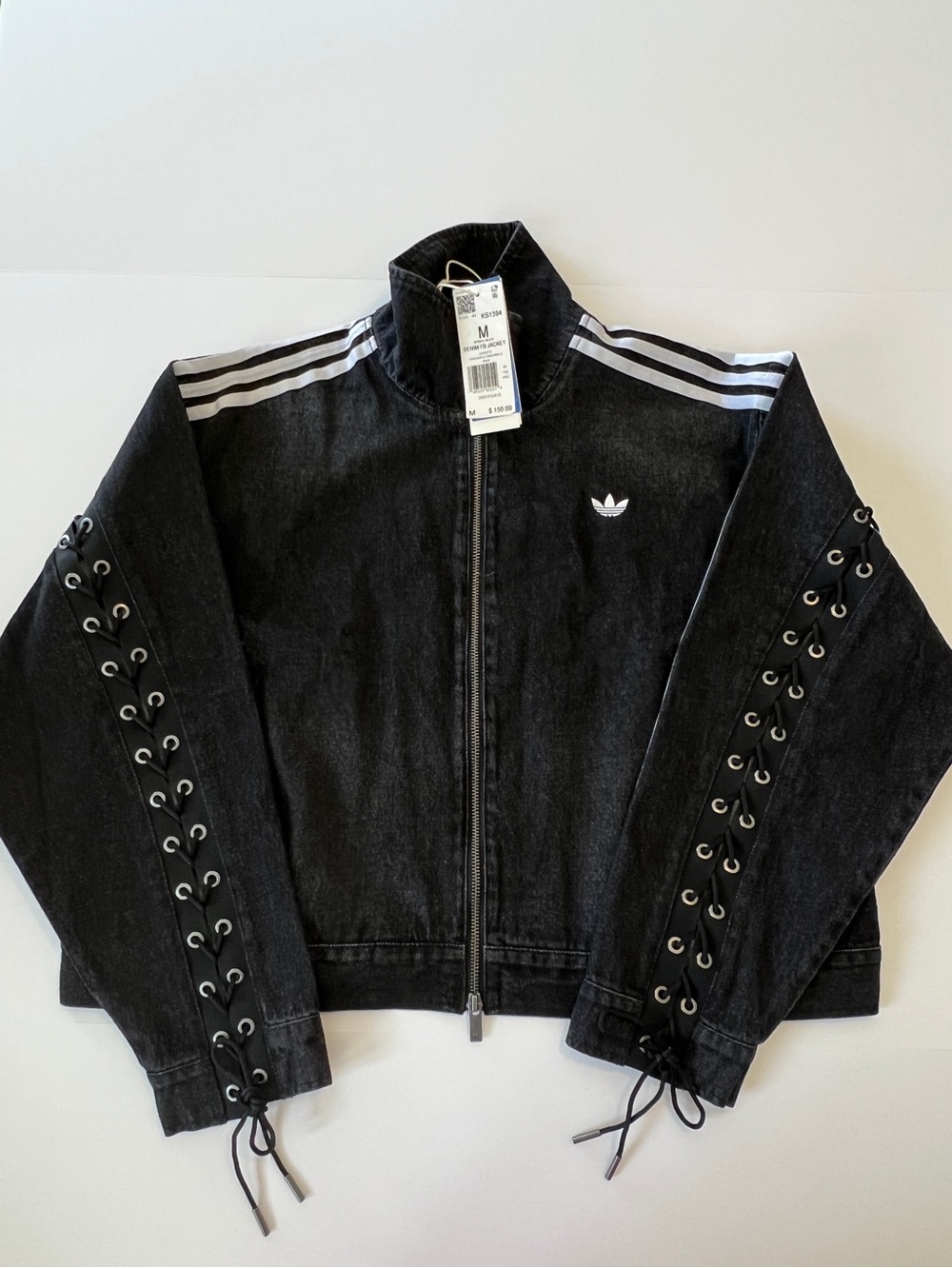 Adidas Black Denim FB Lace-Up Track Jacket, 100% Cotton, Style KS1394 Size M NWT - Picture 6 of 15